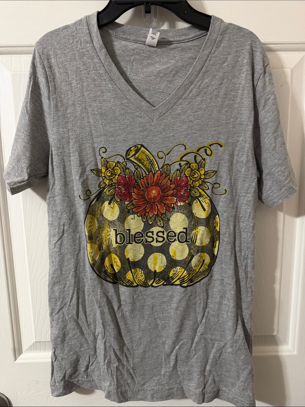 Blessed Polka Dot Pumpkin V-Neck Tee - Gray